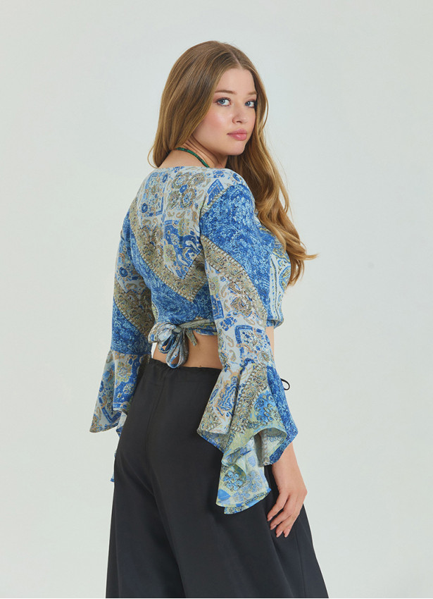 Tied Spanish Sleeve Blue Plus Size Blouse 4624